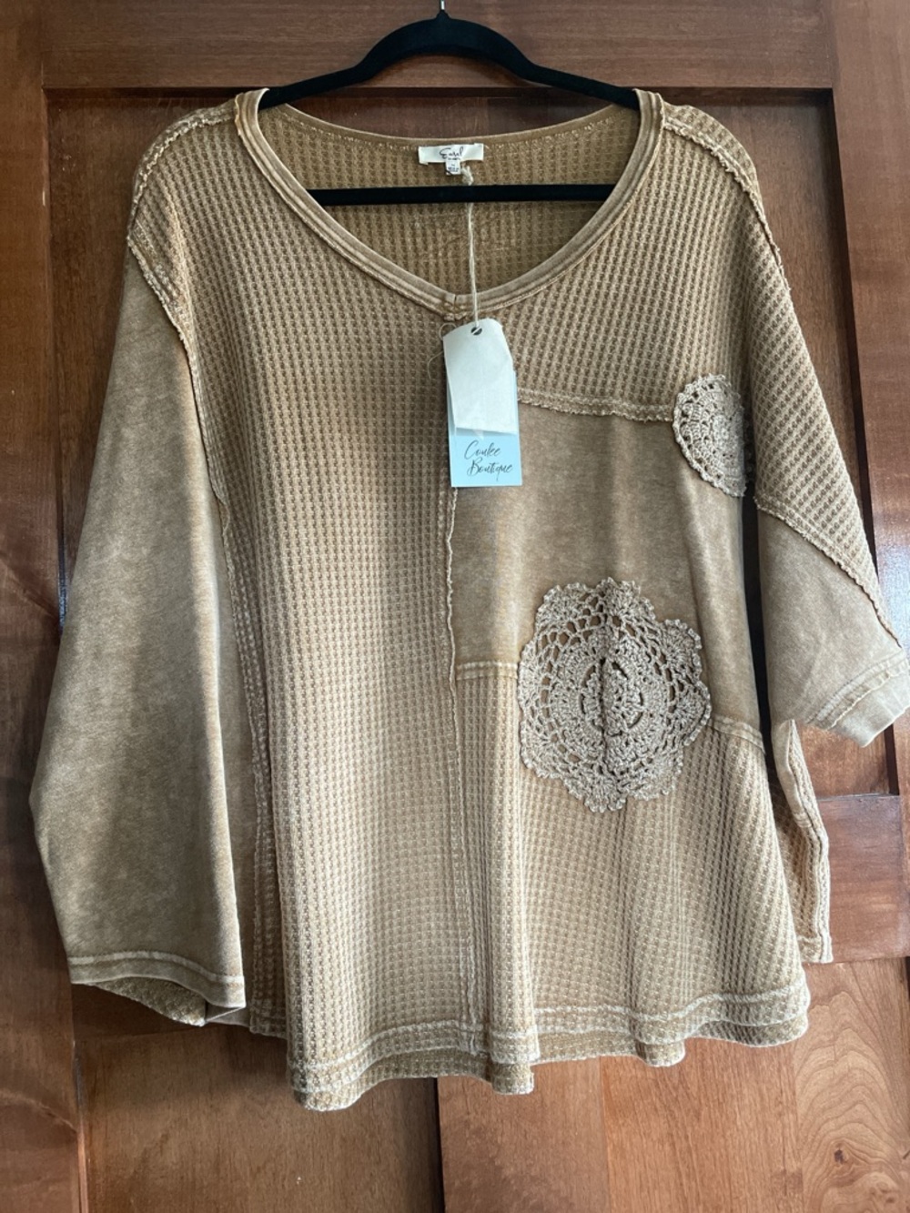 Easel Waffle-Knit Crochet Detail Tunic Top in Camel